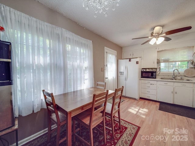 6820 Elm Forest Dr, Charlotte, NC 28212 - dining room with light wood-style flooring, a textured ceiling, and ceiling fan