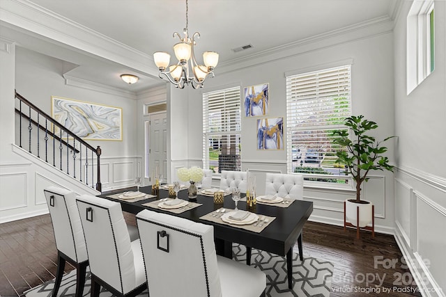 1617 Post Ct, Gastonia, NC 28054 - dining space featuring visible vents, a decorative wall, a notable chandelier, and dark wood-style floors