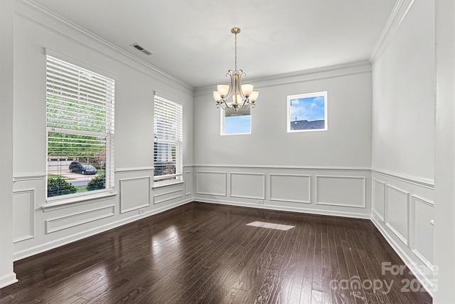 1617 Post Ct, Gastonia, NC 28054 - empty room featuring a chandelier, wainscoting, ornamental molding, dark wood-style floors, and visible vents