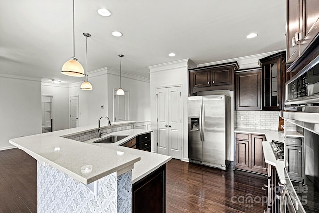 1617 Post Ct, Gastonia, NC 28054 - kitchen with dark brown cabinetry, stainless steel appliances, ornamental molding, backsplash, and a sink