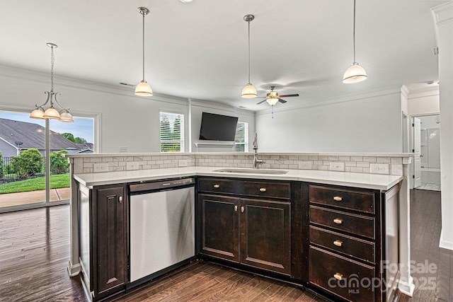 1617 Post Ct, Gastonia, NC 28054 - kitchen featuring crown molding, a sink, dishwasher, dark wood finished floors, and a ceiling fan