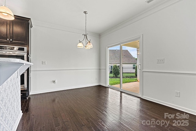 1617 Post Ct, Gastonia, NC 28054 - unfurnished dining area featuring crown molding, visible vents, baseboards, dark wood-type flooring, and a notable chandelier