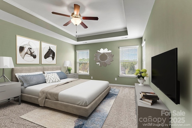 1617 Post Ct, Gastonia, NC 28054 - carpeted bedroom featuring crown molding, a tray ceiling, a ceiling fan, and baseboards