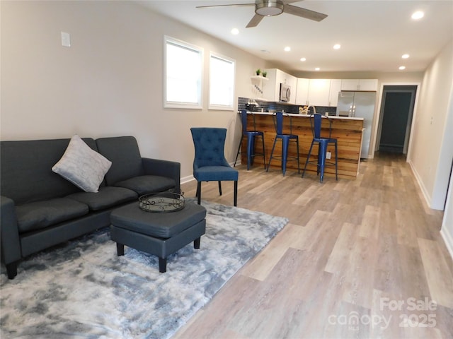 109 W Poplar St, Stanley, NC 28164 - living room with a ceiling fan, light wood-style floors, and recessed lighting