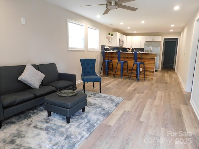 109 W Poplar St, Stanley, NC 28164 - living area with a ceiling fan, light wood finished floors, and recessed lighting