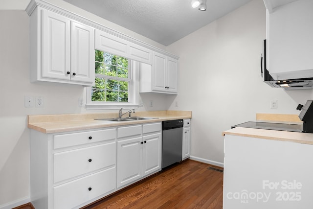 kitchen with range, stainless steel dishwasher, a sink, baseboards, and dark wood-style floors