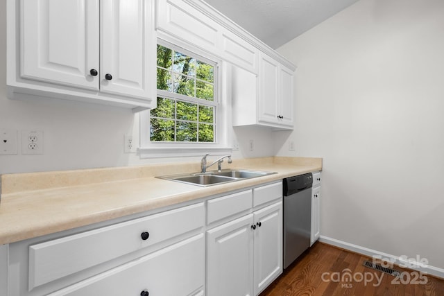 kitchen featuring visible vents, dark wood-style flooring, white cabinetry, a sink, and dishwasher