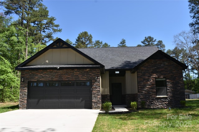 6519 Pargo Rd, Charlotte, NC 28216 - craftsman-style home featuring a shingled roof, an attached garage, stone siding, board and batten siding, and driveway