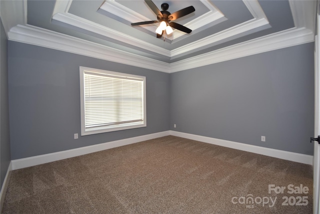 6519 Pargo Rd, Charlotte, NC 28216 - spare room featuring ornamental molding, dark carpet, baseboards, a raised ceiling, and a ceiling fan