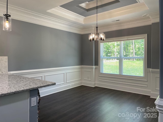 6519 Pargo Rd, Charlotte, NC 28216 - unfurnished dining area featuring crown molding, a wainscoted wall, an inviting chandelier, and a tray ceiling