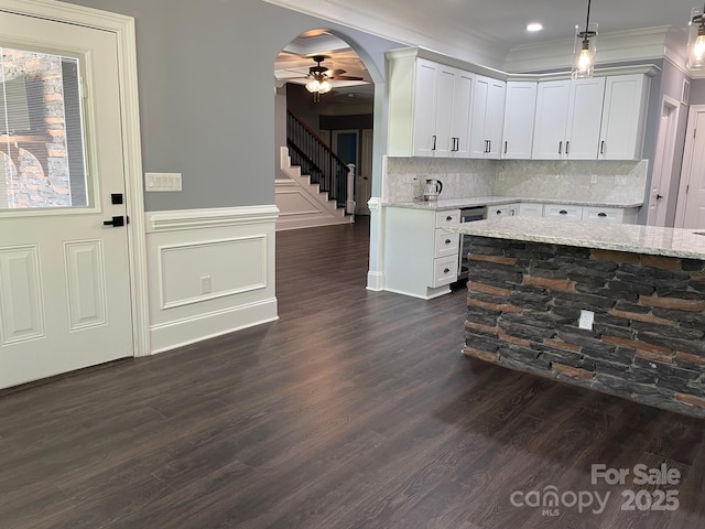 6519 Pargo Rd, Charlotte, NC 28216 - kitchen with dark wood finished floors, backsplash, and light stone countertops
