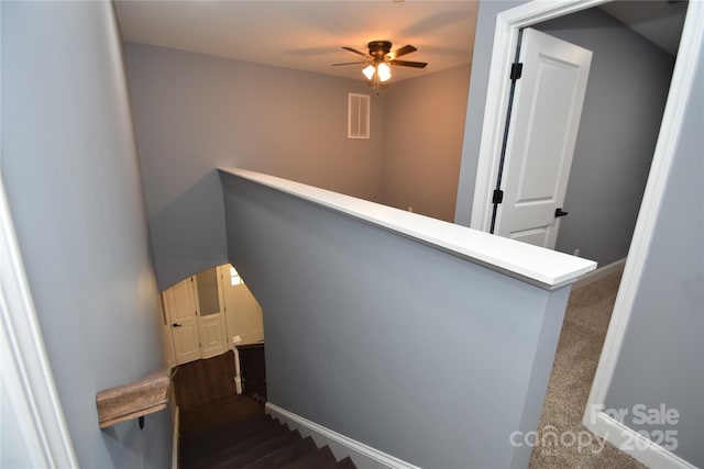 6519 Pargo Rd, Charlotte, NC 28216 - staircase featuring baseboards, a ceiling fan, and visible vents
