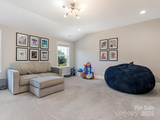 living area featuring a notable chandelier, baseboards, recessed lighting, carpet flooring, and lofted ceiling
