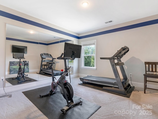 workout area featuring visible vents, baseboards, and carpet