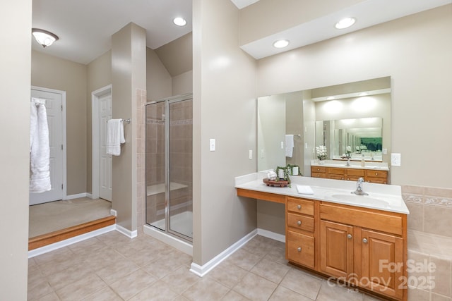 6941 Augustine Way, Charlotte, NC 28270 - bathroom featuring a shower stall, tile patterned flooring, vanity, and baseboards