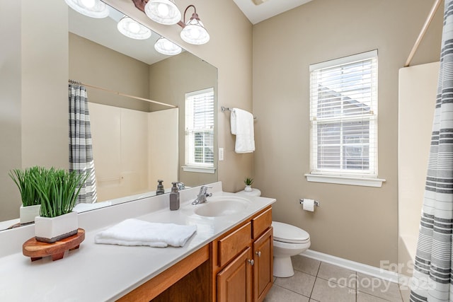 6941 Augustine Way, Charlotte, NC 28270 - full bath featuring tile patterned floors, toilet, vanity, baseboards, and shower / tub combo with curtain