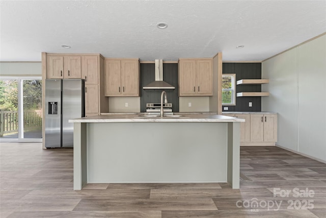 5989 Kaylas Ridge Rd, Connelly Springs, NC 28612 - kitchen with stainless steel fridge with ice dispenser, wall chimney exhaust hood, light brown cabinetry, a sink, and a textured ceiling