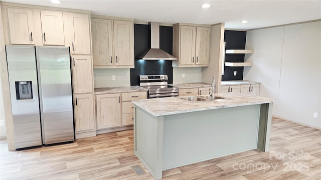 5989 Kaylas Ridge Rd, Connelly Springs, NC 28612 - kitchen with appliances with stainless steel finishes, wall chimney range hood, an island with sink, light wood finished floors, and recessed lighting