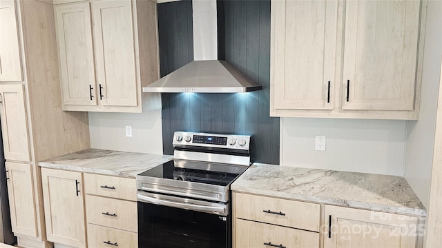 5989 Kaylas Ridge Rd, Connelly Springs, NC 28612 - kitchen with wall chimney range hood, stainless steel electric stove, and light brown cabinetry