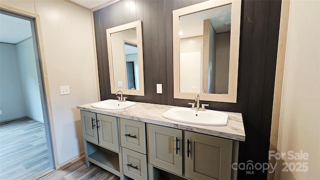 5989 Kaylas Ridge Rd, Connelly Springs, NC 28612 - full bath featuring wood finished floors and double vanity