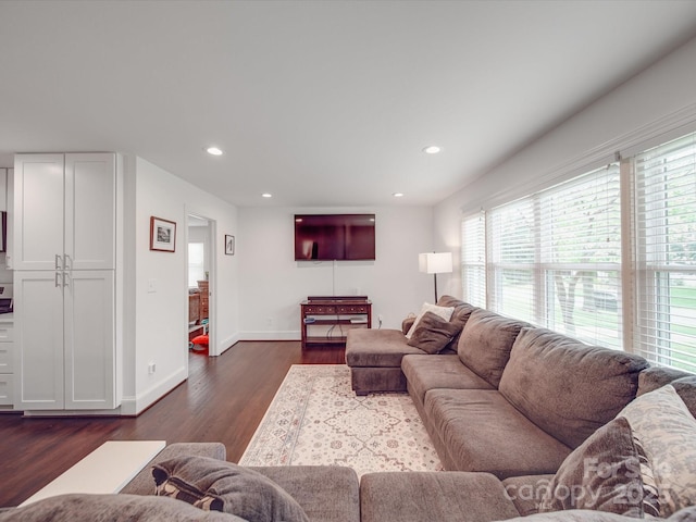 living area with dark wood finished floors, baseboards, and recessed lighting