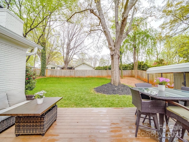 deck with a lawn, a fenced backyard, and outdoor dining area