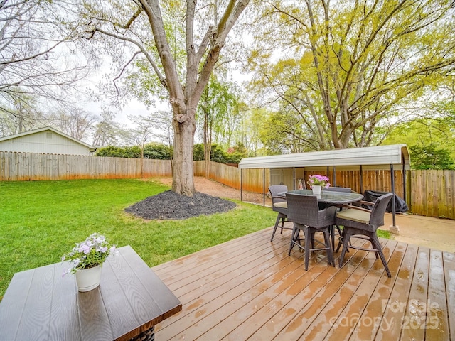 wooden deck with a fenced backyard, a yard, and outdoor dining space