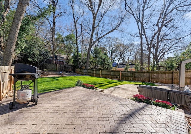 view of patio with a fenced backyard and grilling area