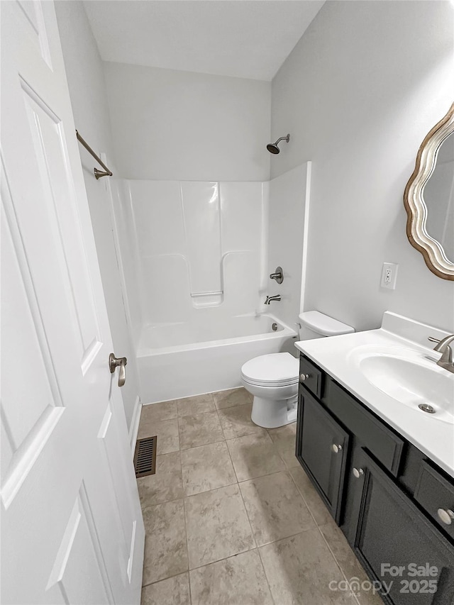 full bath with vanity, tile patterned floors, shower / tub combination, toilet, and visible vents