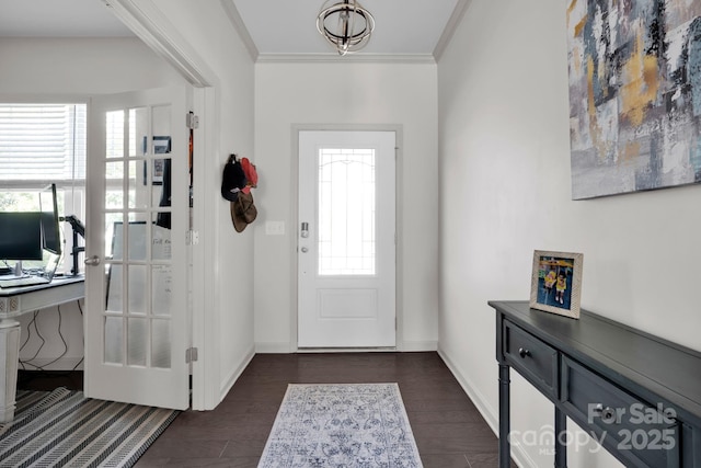 15127 Oleander Dr, Charlotte, NC 28278 - entrance foyer with crown molding, baseboards, and dark wood-style floors