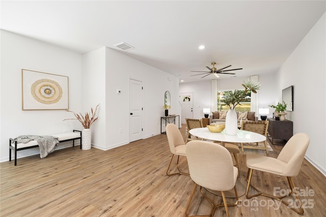 6524 Robert St, Huntersville, NC 28078 - dining area with light wood-type flooring, baseboards, visible vents, recessed lighting, and ceiling fan