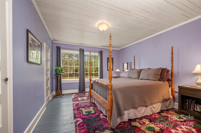 bedroom with crown molding, baseboards, hardwood / wood-style flooring, and wood ceiling