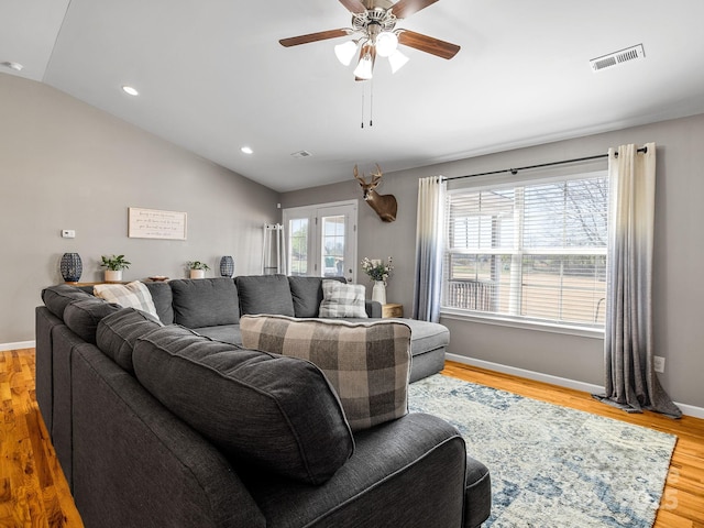 218 Little Man Dr, Boiling Springs, SC 29316 - living area featuring visible vents, ceiling fan, light wood-style floors, recessed lighting, and lofted ceiling