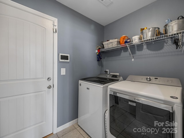 218 Little Man Dr, Boiling Springs, SC 29316 - laundry room with baseboards, light tile patterned flooring, visible vents, washer and clothes dryer, and laundry area