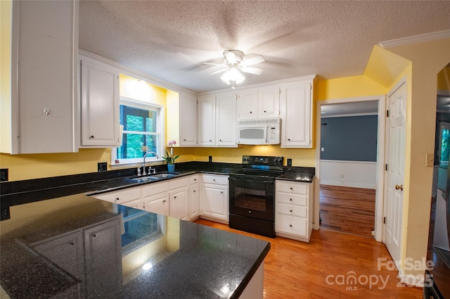 2540 Heritage Cir, Statesville, NC 28625 - kitchen with black range with electric stovetop, white microwave, a sink, white cabinetry, and light wood-style floors