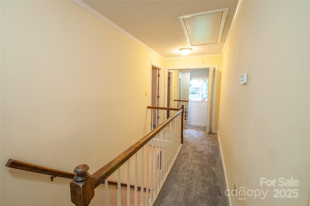 2540 Heritage Cir, Statesville, NC 28625 - hall featuring attic access, light colored carpet, an upstairs landing, crown molding, and baseboards