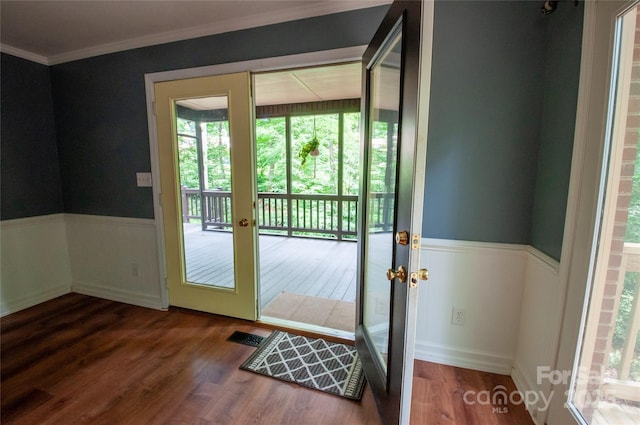 2540 Heritage Cir, Statesville, NC 28625 - entryway with wainscoting, wood finished floors, ornamental molding, and french doors