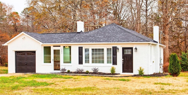 2693 Salem Church Rd, Lincolnton, NC 28092 - ranch-style house featuring a chimney, an attached garage, a front yard, stucco siding, and roof with shingles