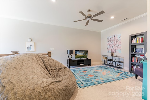 carpeted living area with visible vents, recessed lighting, built in features, a ceiling fan, and crown molding