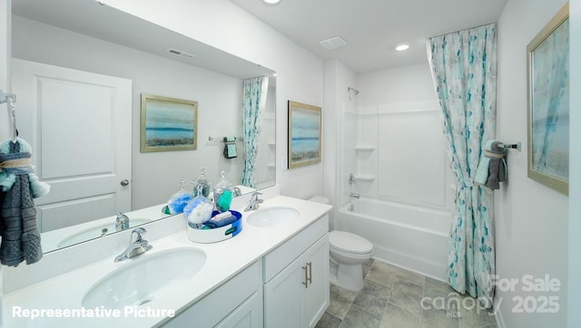 full bathroom with visible vents, a sink, and shower / bathtub combination with curtain