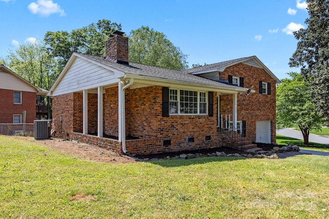 view of property exterior featuring a yard, an attached garage, a chimney, and central AC unit