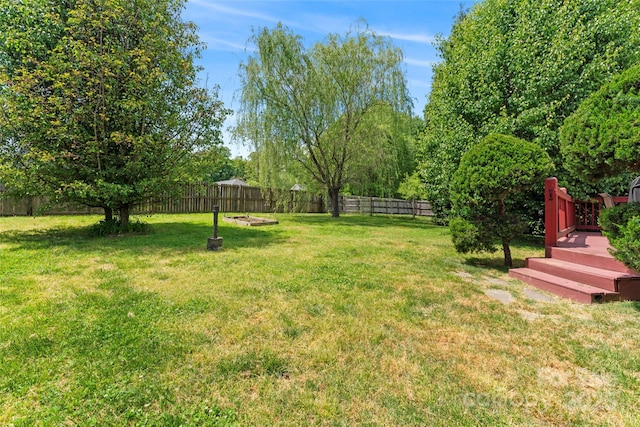 view of yard with a fenced backyard and a deck
