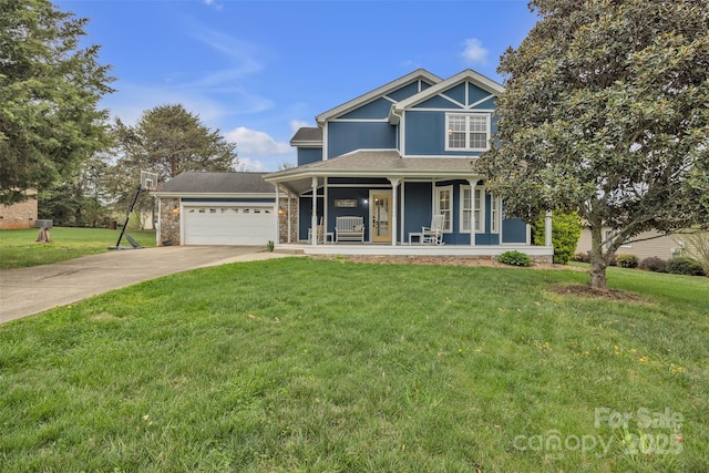 63 Frost Ln, Taylorsville, NC 28681 - view of front facade with a porch, driveway, a garage, and a front lawn