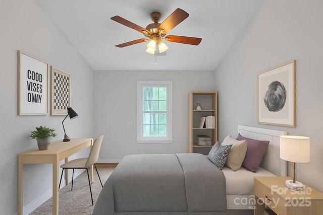 63 Frost Ln, Taylorsville, NC 28681 - bedroom with lofted ceiling, carpet, baseboards, and ceiling fan