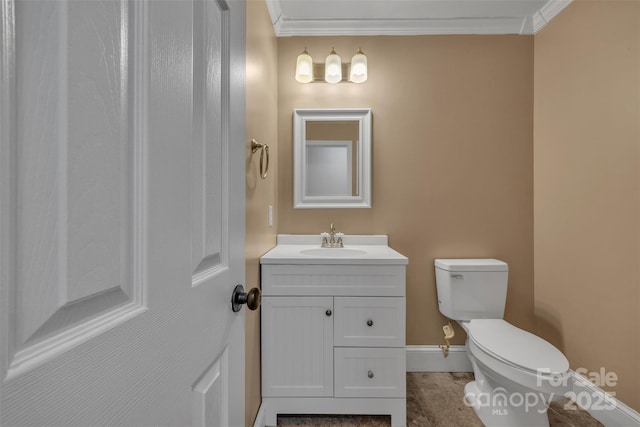 63 Frost Ln, Taylorsville, NC 28681 - bathroom with toilet, vanity, crown molding, and baseboards