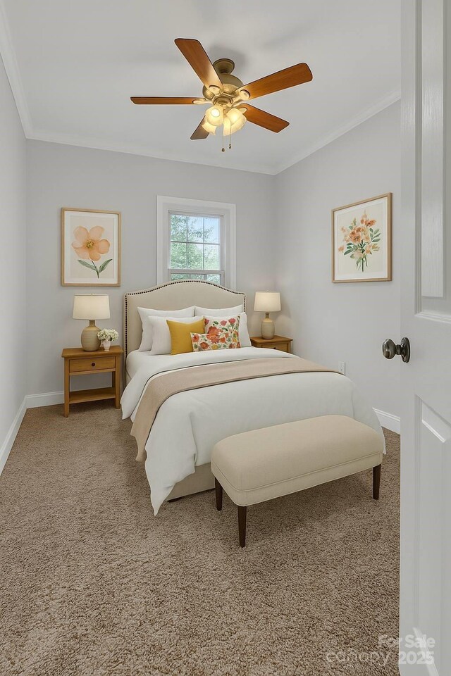 63 Frost Ln, Taylorsville, NC 28681 - bedroom with baseboards, carpet floors, ornamental molding, and a ceiling fan