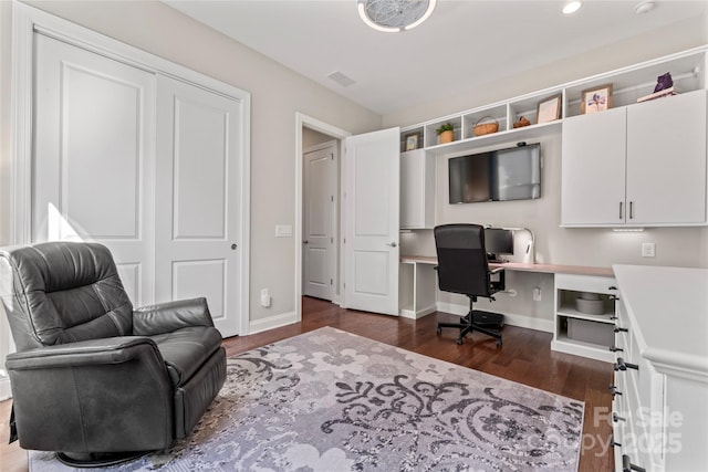 4012 Brandywine Ter, Lancaster, SC 29720 - home office with built in desk, visible vents, dark wood-style floors, baseboards, and recessed lighting