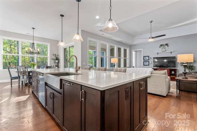 4012 Brandywine Ter, Lancaster, SC 29720 - kitchen with light countertops, a sink, dark brown cabinets, and light wood-type flooring