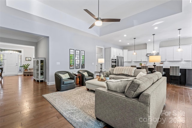 4012 Brandywine Ter, Lancaster, SC 29720 - living room featuring recessed lighting, dark wood-type flooring, a ceiling fan, baseboards, and ornamental molding