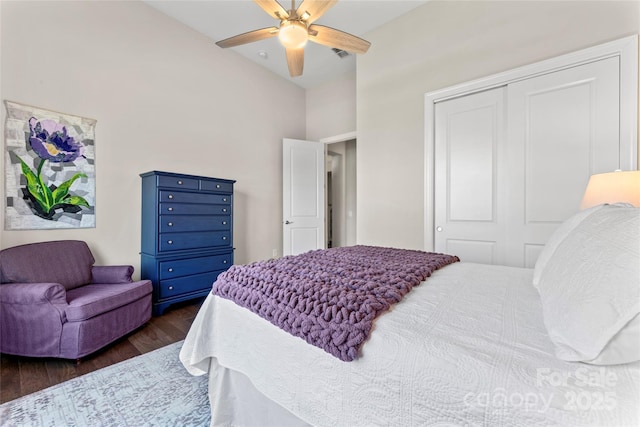 4012 Brandywine Ter, Lancaster, SC 29720 - bedroom featuring a high ceiling, dark wood-style flooring, a closet, a ceiling fan, and visible vents